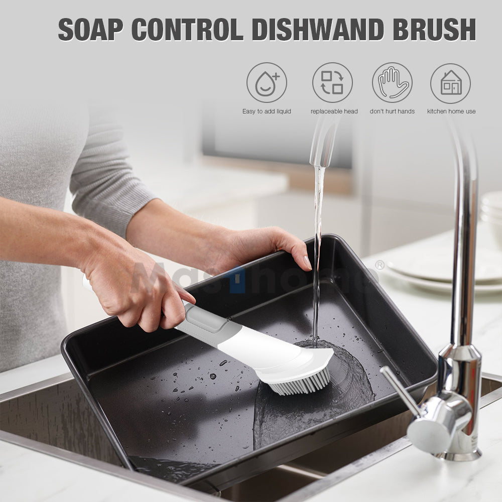 Kitchen Cleaning Multifunctional Durable Plastic 4 Heads Soap Dispensing Dish Brush