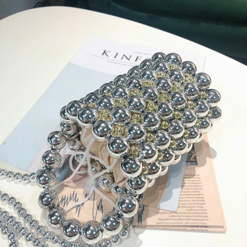 Korea Silver Handmade Pearl Bucket Beaded Hand Bag